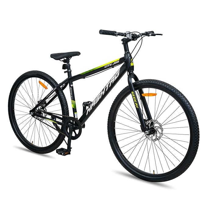 Geekay Hashtag City Joy 27.5T Single Speed Hybrid Cycle/Bicycle for Men, 18" inch Steel Frame with Dual Disc Brakes | Ideal Rider Age 11+ Years - Black Green